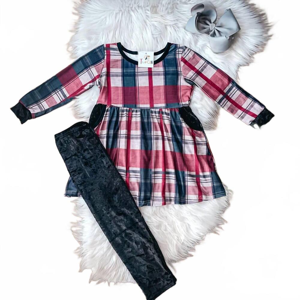 NEW TWOCAN girls christmas plaid & velvet pants set in multi